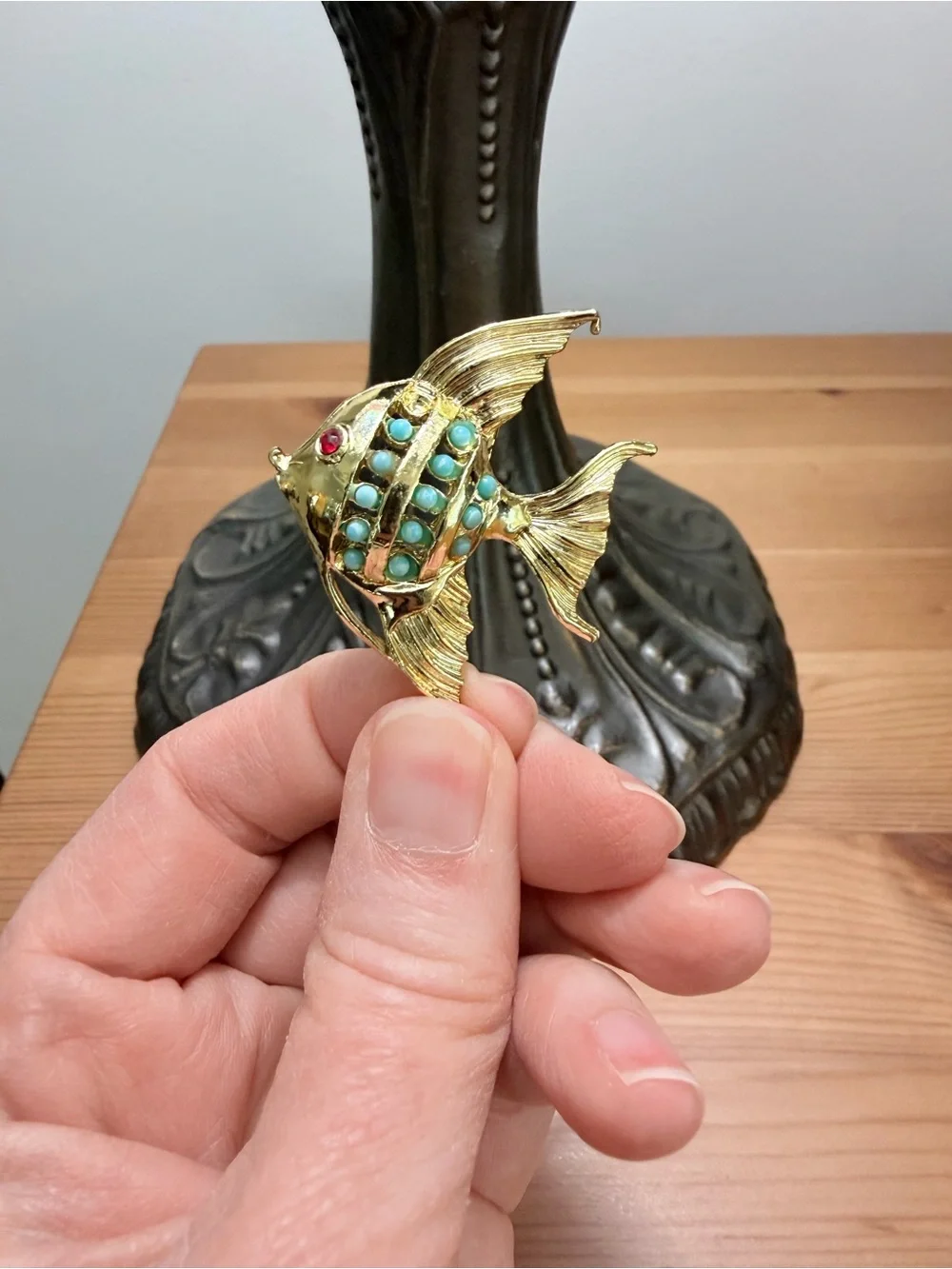 Vintage Gold Fish Pin with Turquoise and Red Accents